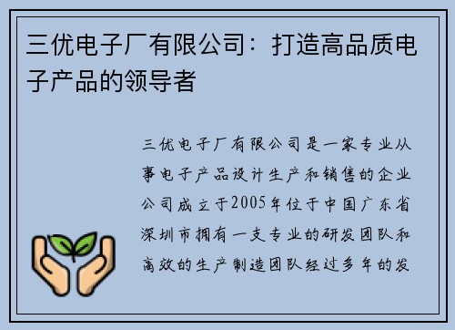 三优电子厂有限公司：打造高品质电子产品的领导者